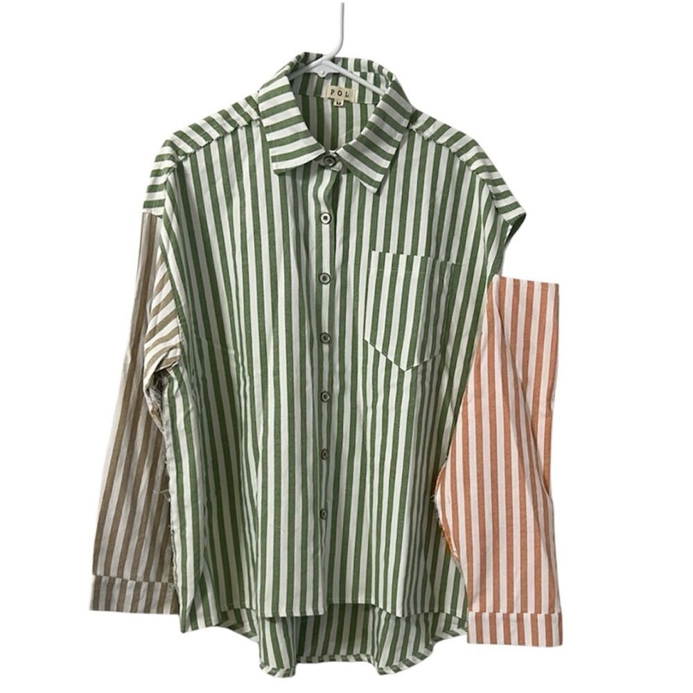 Pol Stripe Color Block Button Up Distressed Cut O… - image 1